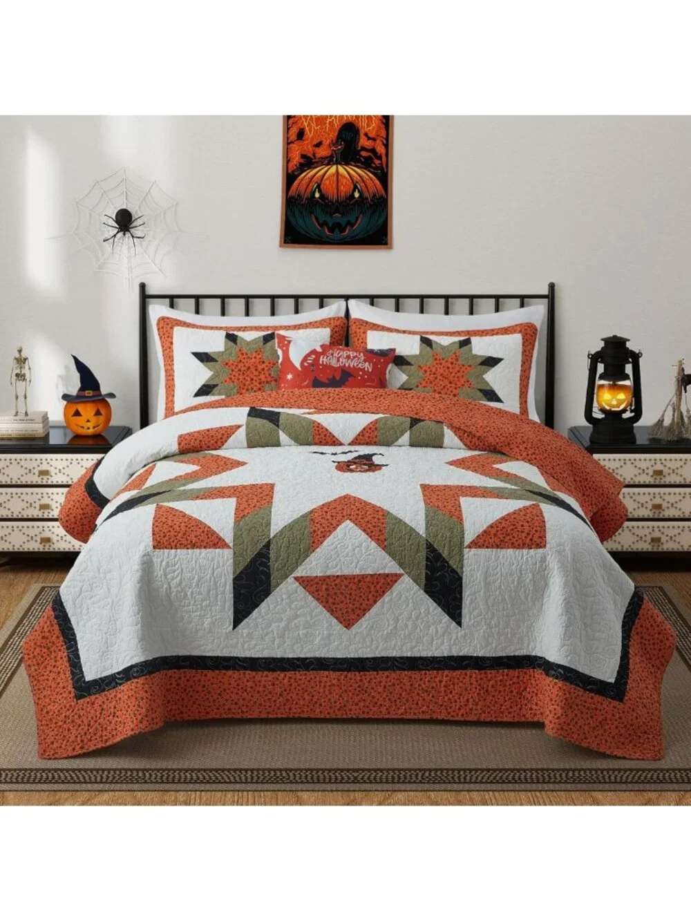 King Size Halloween Quilt Set - Fall Cotton Bedding, 106